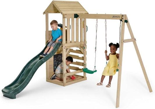 Plum Wooden Swing Sets for Backyard with Slide, Toddler Playground Playsets, Kids Outdoor Play Equipment, 2 Swings, Rock Climbing Wall, Telephone, Blackboard, Telescope, Sturdy, Weatherproof, Age 3+