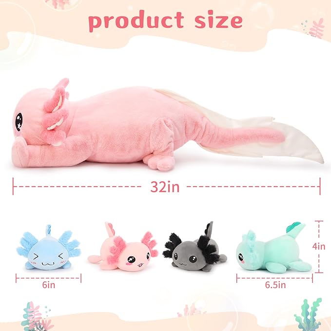 MaoGoLan 32 inch Large Pink Axolotl Stuffed Animals Bulk with 4 Babies, Cute Kawaii Plush Axolotl Toys Stuffed Salamander for Girls Kids Christmas Valentine's Day Gift, Glow in The Dark