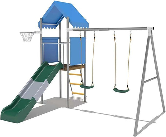Heavy Duty Kids Outdoor Playset: Dual Swings, Slide & Basketball Hoop – Galvanized Steel, Safe & Durable – for Backyard/Garden – Blue