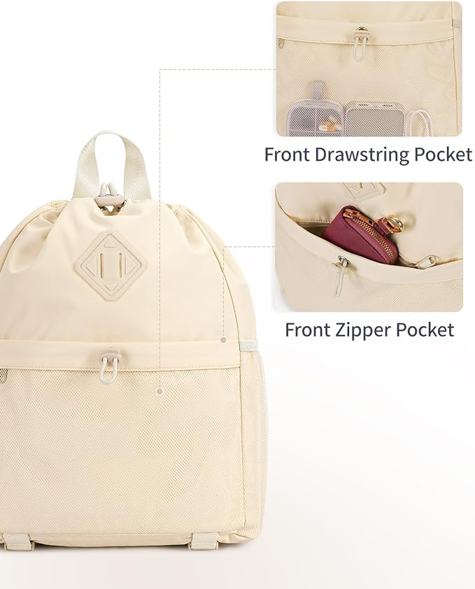 WANDF Drawstring Backpack for Women, Lightweight Gym Bag with Yoga Mat Strap, Water-Resistant String Backpack with Mesh Pocket (Beige, Patent Pending)