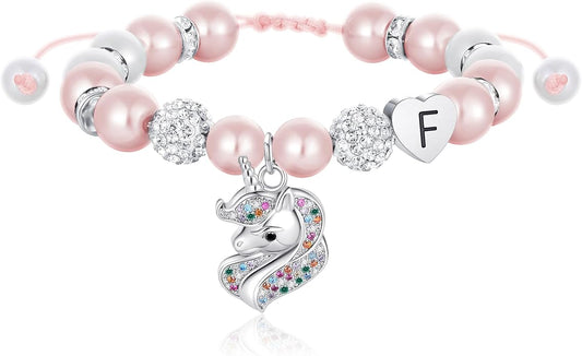 C-leen Unicorn Bracelet Gifts for Teens, Adjustable Pink Pearl and Rhinestone Balls Heart Initial Unicorn Bracelets Jewelry Gift for Birthday Christmas gifts