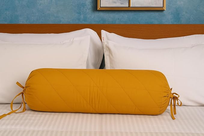 Saffron Quilted Bolster Pillow Cover (Mustard, 8" Diameter x24 Long (20 cm x 60 cm))