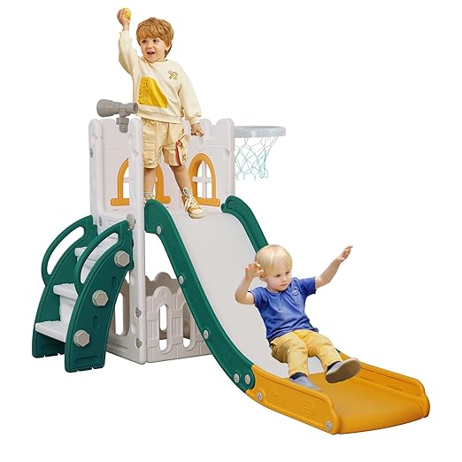 6 in 1 Toddler Slide,Kids Climber Slider for Indoor Outdoor Playground with Basketball Hoop,Storage and Telescope,L Shaped Slide for Toddler Climber Playset