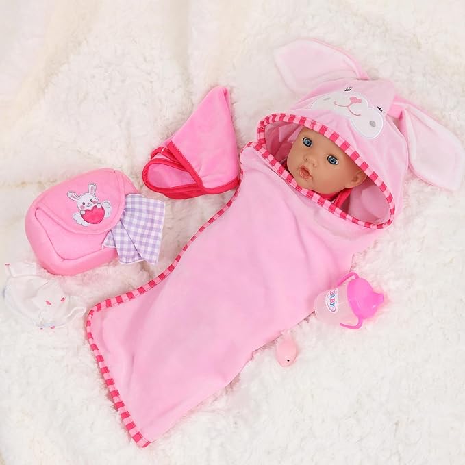 16-18" Baby Doll Accessories Set – 12-Piece Pink Rabbit Quilt & Care Kit Changing & Bathtime Playset for Baby Reborn Alive Dolls, Includes Doll Blanket, Diapers, Bottles (Dolls are Not Included