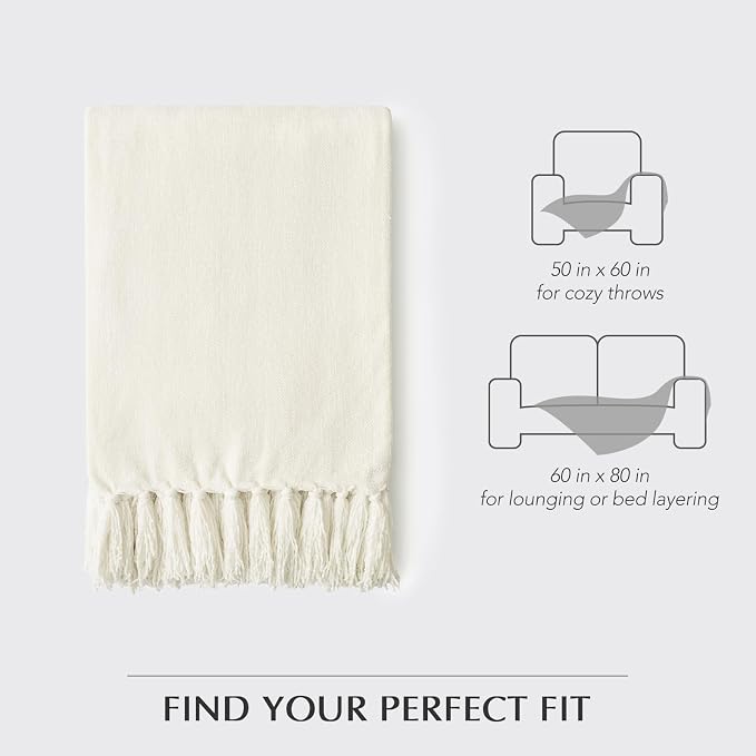 Chenille Knit Throw Blanket for Couch, 50"x60", Ivory White | Cozy Plush Fuzzy Knittd Throw with Tassels, Lightweight, Decorative, Farmhouse Decor, Ideal for Bed Sofa Gift, All Seasons