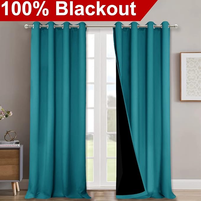 NICETOWN Full Shading Curtains for Windows, Super Heavy-Duty Black Lined Blackout Curtains for Bedroom, Privacy Assured Window Treatment (Peacock Teal, Pack of 2, 52 inches W x 95 inches L)