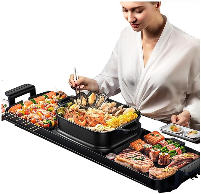 Electric Grill with Hot Pot 2 in 1 Indoor Korean BBQ Grill,2200W Multifunctional Smokeless BBQ Hot Pot Double Pot,Non-Stick Pan,for 5-10 People,for Grilling & Cooking(Single Pot)