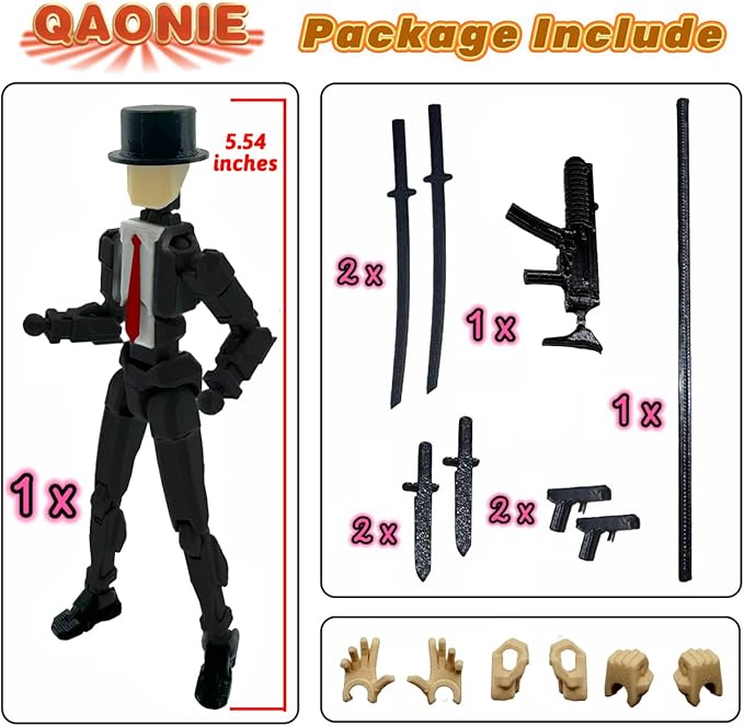 3D Printed 5.54-inch Multi-Jointed Action Figures Dummy13, Full Body Mechanical Movable Toy, Multiple Accessories, Hand Painted Figure, Desk Decoration, Creative Gifts (Y-Black Gentleman)