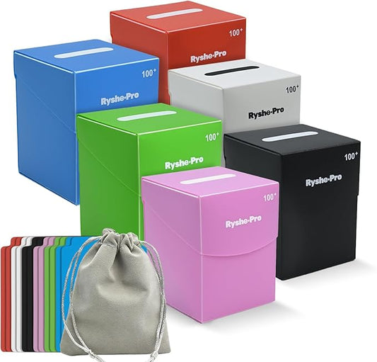 6 Pack Large Card Deck Boxes with 12 Dividers & 1 Dice Bag, Fits 100+ Double-Sleeved Standard Game Cards, Bulk Trading Card Storage Organizer Plastic Cases for MTG TCG Sports Cards, Colorful