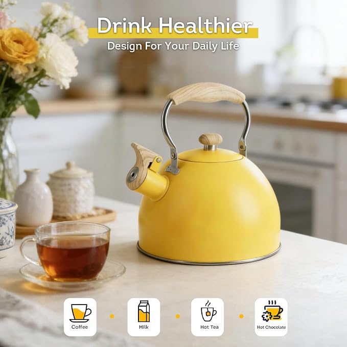 Lily's Home Whistling Tea Kettle, Teapot for Stovetop, Pleasant Whistle Sound, Heat Resistant Plastic Handle – Faux Wood Finish, Non Toxic Stove Kettle for Boiling Water - 2.5 Quarts (Yellow)