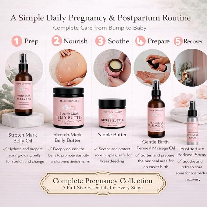 Irene Organics Belly Bundle – 5 Piece Pregnancy Skincare Gift Set with Organic Belly Butter & Natural Body Oil for Stretch Marks (5 piece set)