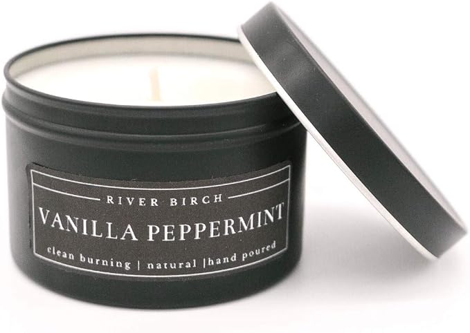 River Birch Candles Vanilla Peppermint Scented Candle | Premium, All-Natural, Non-Toxic, Soy Candles | 8 oz. Black Matte Tin Travel Candle | Cozy Relaxing Gifts for Home