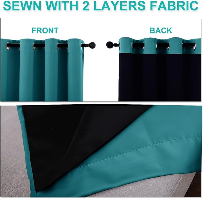 NICETOWN Peacock Teal Blackout Curtains 90 inches Long, Full Light Blocking Drapes with Black Liner for Nursery, Thermal Insulated Draperies for Hall, Villa (2 Pieces, 46" Wide Each Panel)
