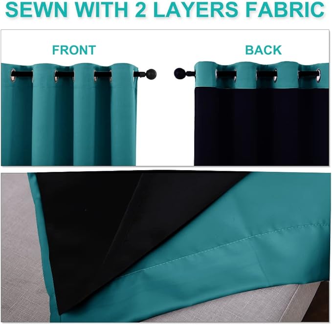 NICETOWN 100% Blackout Blinds, Set of 2, 46" x 96", Peacock Teal, Laundry Room Decor Window Treatment Curtains for Large Patio Sliding Door, Thermal Insulated Curtains for Bedroom