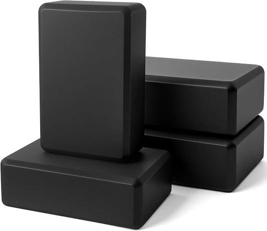 4 Pack Yoga Blocks 9 x 6 x 3 Inch Soft Eva Foam Lightweight Non Slip Yoga Props with Beveled Edges for Yogas Pilates Stretching Meditation (Black)