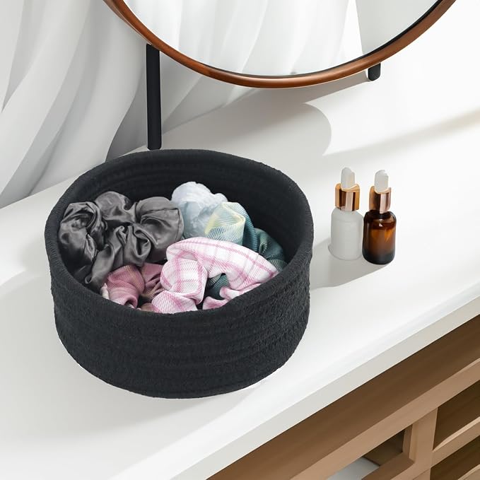 Small Woven Cotton Rope Baskets, Set of 3, Black | Mini Round Baskets, Gift and Storage Baskets, Nursery Organizer, Bathroom Countertop Bins, Decorative Boho Decor