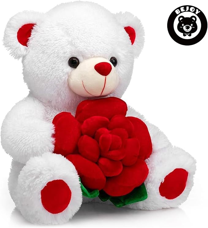 BEJOY Teddy Bear Stuffed Animals Plush Bear Holding Rose Soft Plush Toy Gifts 16 inches White