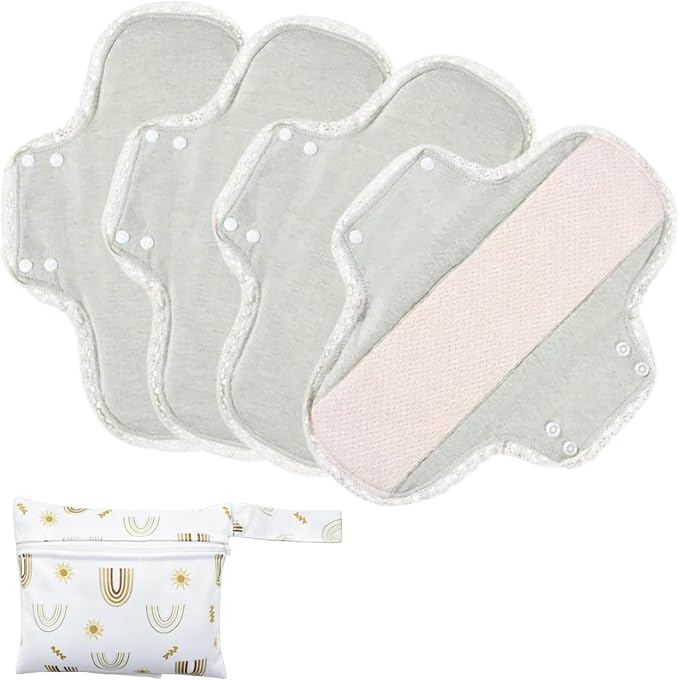 Reusable Incontinence Pads,Organic Cotton Pads Sanitary Napkins,Lace Trim Washable Menstrual Pads,with 1 Storage Bag,Panty Liners Pads Period/Incontinence/Postpartum.(Light Green/L/4pcs)