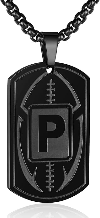 Initial A-Z Dog Tag Necklace for Men - Football Charm Pendant, Stainless Steel Chain 22+2 Inches, Personalized Sports Athletes Jewelry Gift