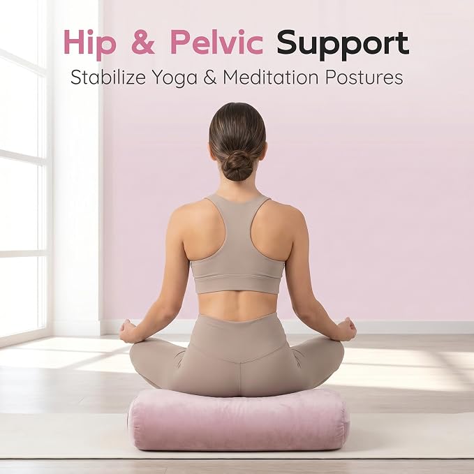 Yoga Bolster Pillow, Curved Wedge for Deep Stretch & Prenatal Support, 25"×12"×5", Sponge Bead-Cotton Filling, Velvet Cover with Zipper & Handle for Yoga, Meditation & Pilates (Light Pink)