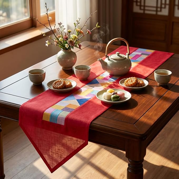 Korean Bojagi Table Runner, Ruby Red Ramie Patchwork, 78.8 x 11.8 Inch | Jogakbo-Inspired Design, Pointed Ends, Dining & Coffee Table Decor, Console Styling, Asian Home Accent