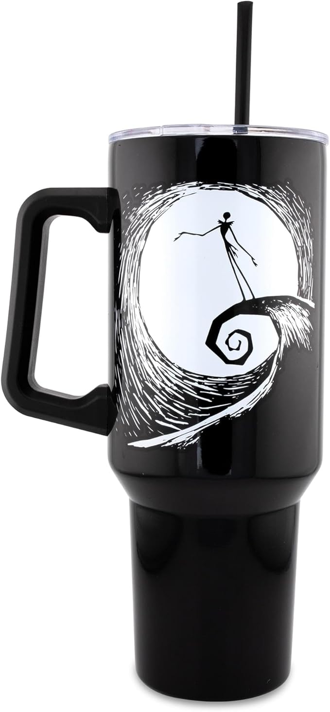 Silver Buffalo Disney Nightmare Before Christmas by Tim Burton Jack Skellington Hill & Moon Drawing Double Walled Stainless Steel Tumbler with Handle and Straw, Fits in Standard Cup Holder, 40 Ounces