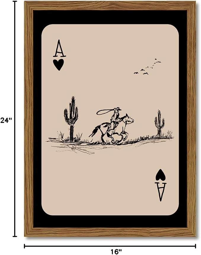 Western Cowboy Wall Art Vintage Southwest Wall Decor Painting, Western Playing Card Canvas Prints, Retro Cactus Sketch Artwork for Bedroom Living Room 16x24 inch Wood Framed