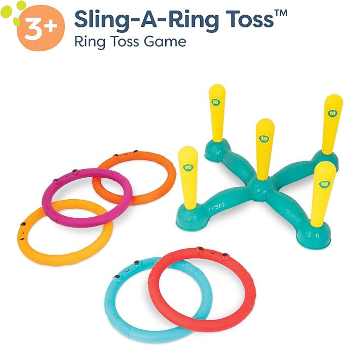 B. toys – Ring Toss Game – Indoor & Outdoor – Sling – a – Ring Toss – 12 Pieces – 5 Pegs & 5 Colorful Rings – for Toddlers, Kids – 3+ Years
