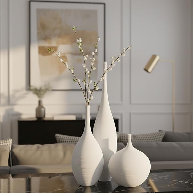 White Ceramic Vase Set of 3, Modern Boho Vases for Centerpiece Decor, Matte Minimalist Decorative White Vases Home Decor, for Living Room, Bookshelf, and Entryway Table Decor