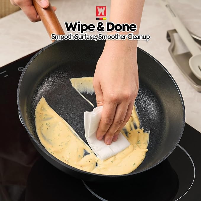 Wagensteiger Aluminum Body Flat Bottom Wok, Restaurant & Business Grade Fry Pan Titanium Coated Non-Stick Surface, Wooden Handle, Made in Korea, Deep Large Skillet, Black(17.91"L x 11.22"W x 3.15"H)