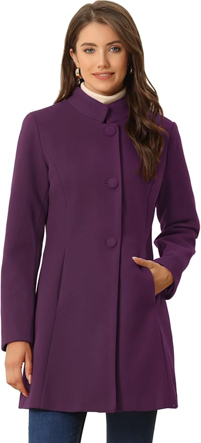 Allegra K Women's Winter Overcoat Mid-Long Stand Collar Single Breasted Coat Outerwear