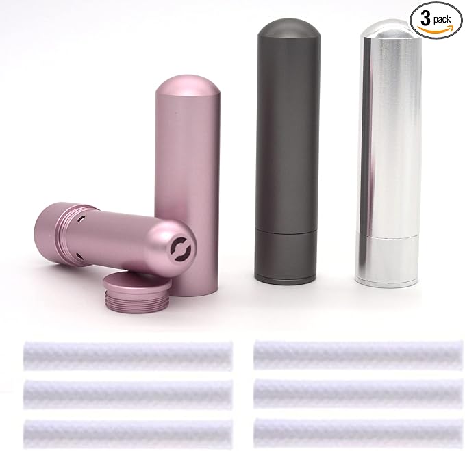 3 Essential Oil Aromatherapy Inhalers with Cotton Wicks – Multi-Color – Empty Reusable Nasal Inhaler Tubes Made of Medical-Grade Aluminum – Travel Friendly Personal Diffusers for Stress Anxiety Relief