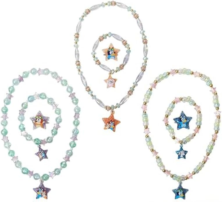 LUV HER Bluey Girl's Jewelry Set - Dress up Toy Jewelry Box Set with Bead Necklace, Bracelet and Ring - Play Accessories - Ages 3+