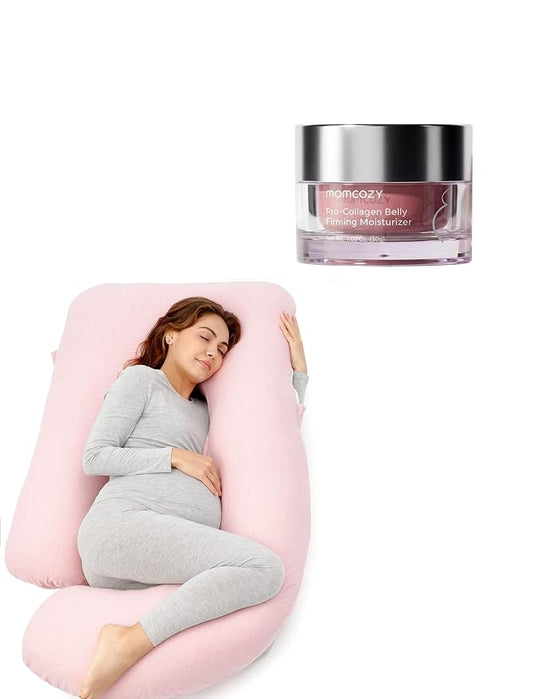 Momcozy Maternity Comfort Bundle: Full Body U-Shaped Pregnancy Pillow & Hydrating Stretch Mark Cream - Total Body Support & Skin Care Set - Essential Pregnancy Registry Gift for Expecting Mothers