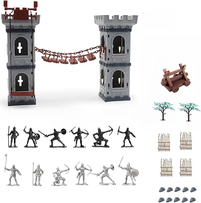 Medieval Castle Knights Toy Soldier - Army Figures Miniature Playset with Arrow Tower, Soldiers, Ram, Fence (Arrow Tower Set)