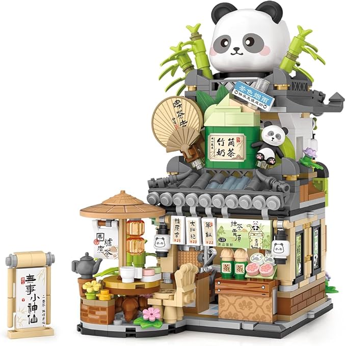 City Tea House Building Blocks Set, Openable Panda Construction Tea Shop Building Toys for Boys Girls Age 8+, 860pcs Mini Bricks