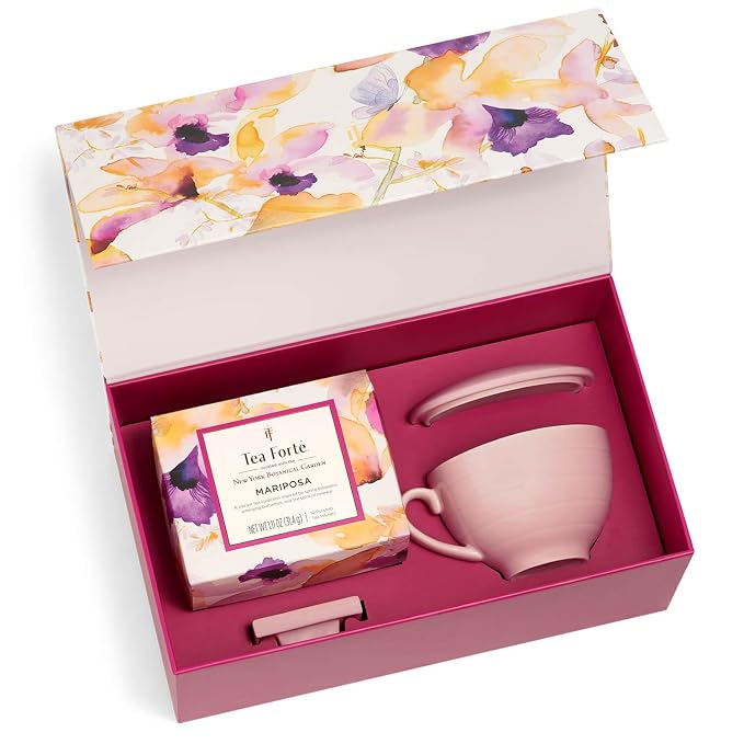 Tea Forte Gift Set with Cafe Cup, Tea Tray, Mini Presentation Box with 10 Handcrafted Pyramid Infuser Tea Bags, Mariposa Tea