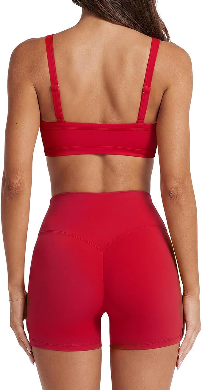 SUUKSESS Women Padded Workout Sets Adjustable Straps Sports Bra Tummy Control Biker Shorts
