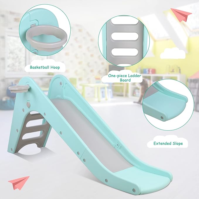 Arlopu Freestanding Kids Slide, Toddler Slide Climber with Basketball Hoop & Ball, Baby Playset w/Long Slope, for Boys and Girls Birthday, Sturdy Playground Toy for Indoor Outdoor (Robin Egg Blue)