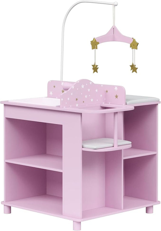 Olivia's Little World Baby Doll Changing Station with Built-in Baby Doll High Chair, Closet, Shelves, Sink, Overhead Mobile, & Baby Doll Clothing Hangers for up to 18 Inch Dolls, Purple Stars