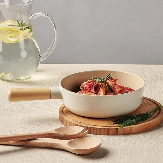 FIKA Small 7 Inch Deep Ceramic Coated Wok Pan, Nonstick Stir Fry & Soup Pan with Natural Wooden Handle, Induction Compatible for All Stovetops, Made in Korea (18cm)
