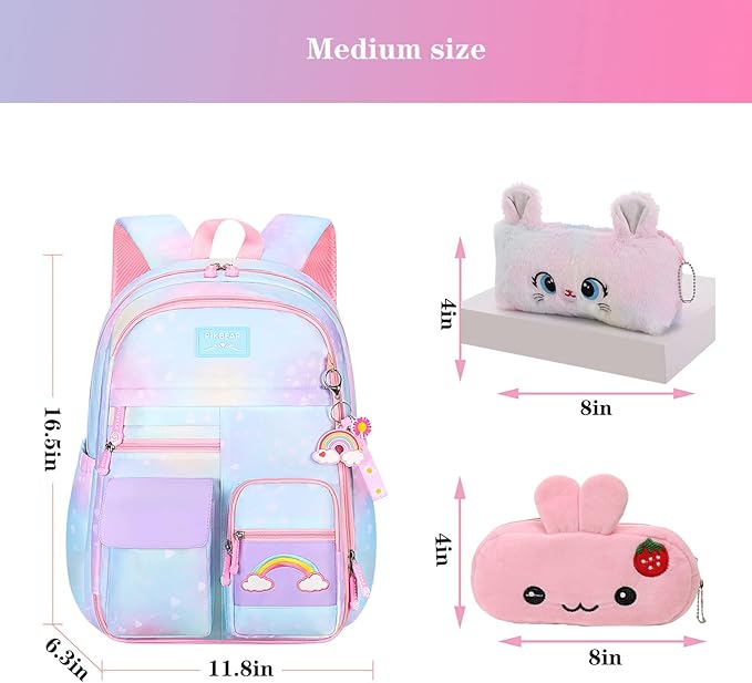 Rainbow Backpack For Girls Kids,Cute Student School Backpack With Pen Bag,Aesthetic Starry Rainbow Laptop Travel Bag
