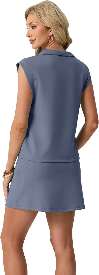 GRECERELLE Women's 2026 Summer 2 Piece Skort Sets Cap Sleeve Zip Collared Top Matching Tennis Skirt with Pockets for Athletic