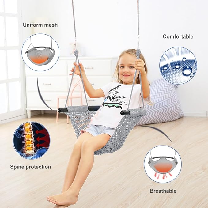 Hand-Knitting Toddler Swing Seat for Kids with Adjustable Ropes, Little tikes Swings Set, for Outdoor Indoor, Playground, Backyard (Gray)