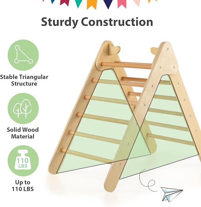OLAKIDS Pikler Triangle Set 2 in 1 Climbing Toys for Toddlers Foldable Wood Montessori Baby Jungle Gym with Ladder Ramp Slide Kids Indoor Playground Activity Play Structure