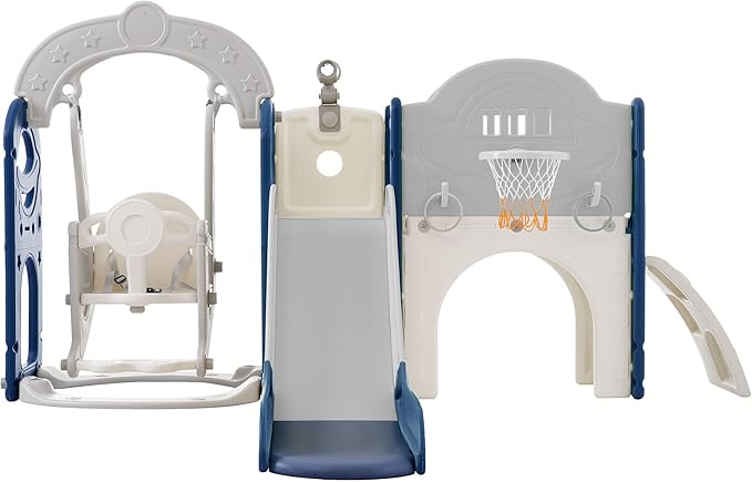 7-in-1 Kids Slide and Swing Set for Age 1-5 with Basketball Hoop Climbing Frame and Telescope,Indoor and Outdoor Playground Birthday Gifts for Boys Girls Grey+Blue