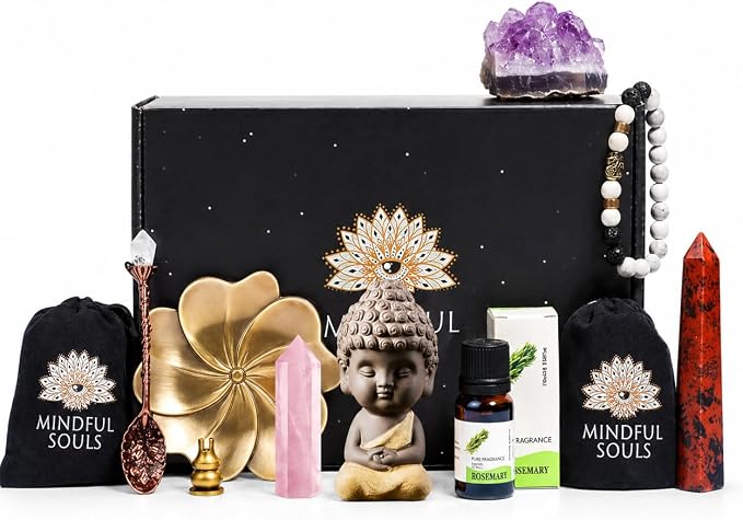 Mindful Souls Spiritual Healing Gift Set – Meditation & Mindfulness Box with Buddha Figurine, Healing Crystals, Mala Beads, Essential Oil & Gemstone Jewelry – Holistic Self-Care & Inner Peace Kit