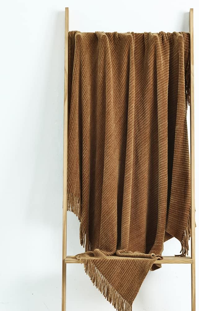 CREVENT Boho Chenille Throw Blanket for Couch Sofa Chair Bed Home Decoration, Super Soft Warm Cozy Knit Blanket for All Season (50''X60'' Coffee/Prairie Sand)