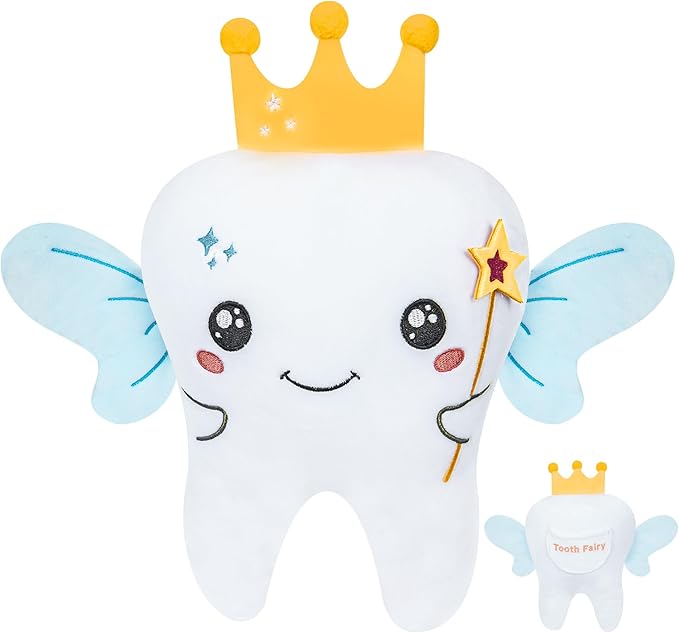 Tooth Fairy Plush Holder Gift – 12 Inch Tooth Pillow Crown Blue Wings Star Wand Kids' Tooth Fairy Gift for Boys Girls with Pocket