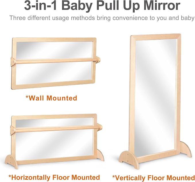 3-Position Montessori Wood Frame Non-Shatter Safety Pull Up Bar Baby Big Mirror Set, Infant Coordination Mirror, Kids Classroom Furniture for Daycare, Homeschool or Preschool